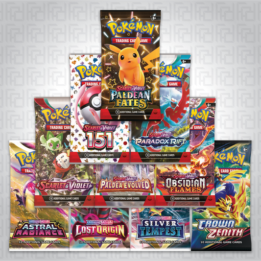 10-pack bundle featuring booster packs for Scarlet & Violet series, Crown Zenith, and Sword & Shield expansions, including Paldean Fates, Paradox Rift, 151, Obsidian Flames, Paldea Evolved, Base, Silver Tempest, Lost Origin, and Astral Radiance.